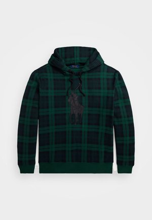 Zielona i czarna kraciasta bluza z kapturem z dużym ciemnym haftowanym logo gracza polo na piersi oraz sznurkami w kapturze.