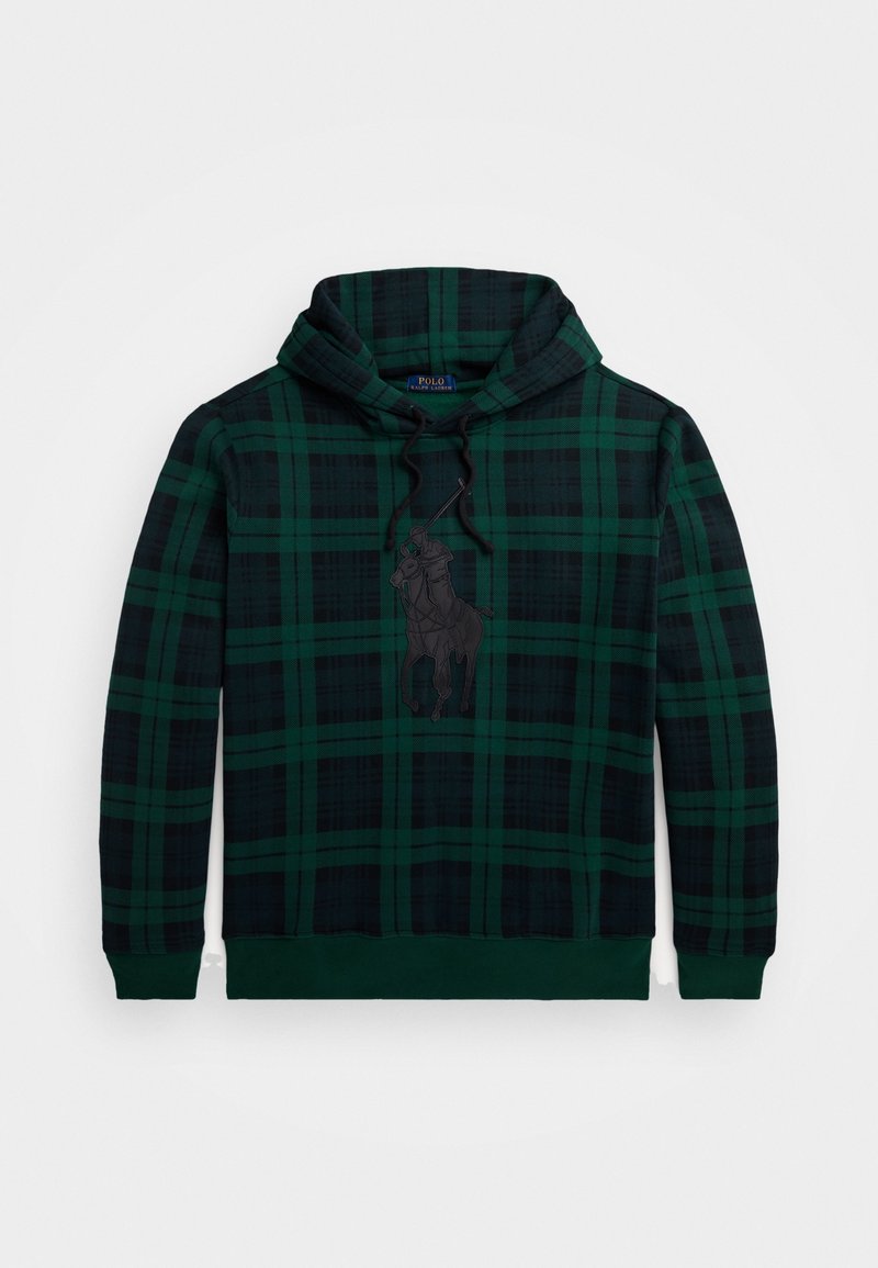 Sweat à capuche à carreaux verts et noirs avec un grand logo brodé sombre de joueur de polo sur la poitrine et des cordons à la capuche.