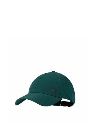 Dunkelgrüne Baseballkappe mit gebogenem Schirm, Belüftungslöchern an den Seiten und verstellbarem Riemen hinten mit kleinem Logo-Patch.