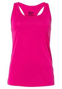 Camiseta atlética Dri-FIT de color rosa brillante, con un diseño de espalda deportiva, textura suave y un cuello redondo para mayor comodidad durante los entrenamientos.