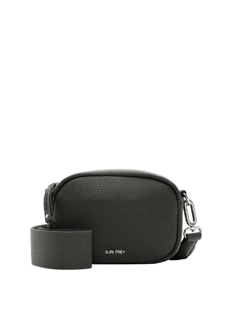 Borsa a tracolla nera in pelle con finitura testurizzata, forma arrotondata, dettagli in metallo argentato e tracolla rimovibile e regolabile. Marchio visibile sul davanti.