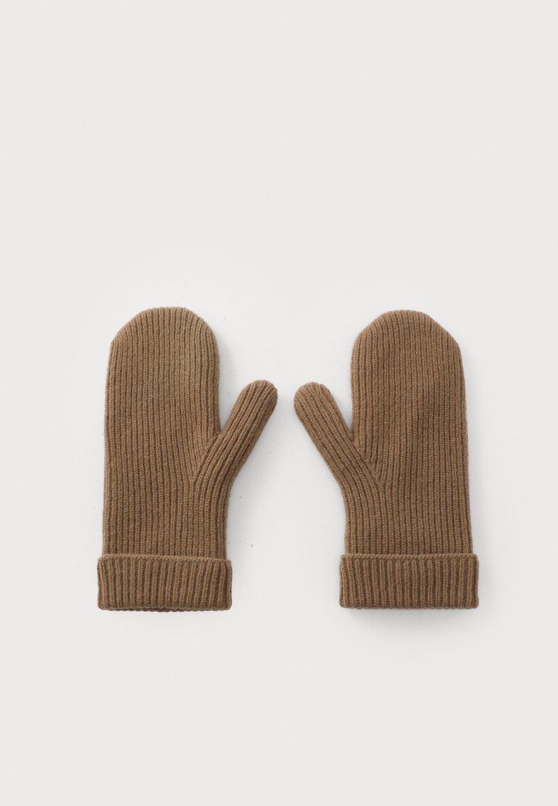 Mittens canelados castanhos com bainha dobrada. Feitas a partir de um tecido suave, apresentam uma parte superior arredondada e separação do polegar para maior aquecimento.