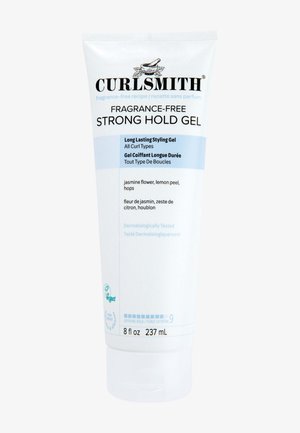 Curlsmith fragrance-free strong hold gel in a white 237 mL squeeze tube. Features blue text, dermatologically tested label, and vegan symbol.