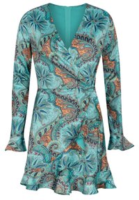 Turkis kjole med lange ærmer, V-udskæring, indhyllet design, blomster paisley mønster i orange og blå, volangkant, glat stofstruktur.