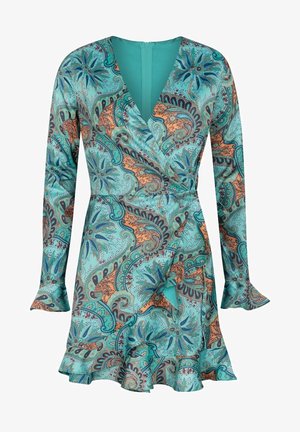 Tirkīza kleita ar garām piedurknēm, V veida kakla izgriezumu, apvērstu dizainu, ziedu paisley rakstu oranžā un zilā krāsā, viļņotu apakšu, gludu auduma tekstūru.