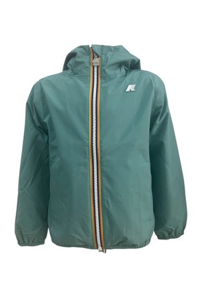 Giacca verde con cappuccio e cerniera frontale, caratterizzata da strisce arancioni, bianche e verdi, polsini elasticizzati e un piccolo logo bianco sul petto.