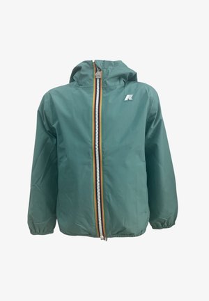 Giacca verde con cappuccio e cerniera frontale, caratterizzata da strisce arancioni, bianche e verdi, polsini elasticizzati e un piccolo logo bianco sul petto.