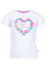 White cotton t-shirt featuring a colorful heart-shaped design made of seashells and starfish, with the text "Beach please" in pink.
