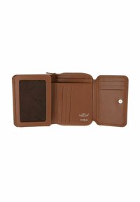 Portefeuille en cuir marron à trois volets avec plusieurs emplacements pour cartes, une fenêtre d’identification transparente, une poche à pièces zippée et une étiquette de protection RFID.