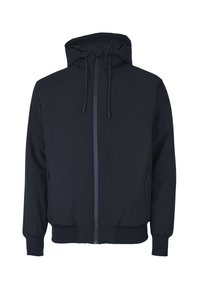 Navyblaues Zip-Jackett mit Kapuze, ausgestattet mit elastischen Bündchen und Saum, seitlichen Taschen und einer glatten, matten Stofftextur.