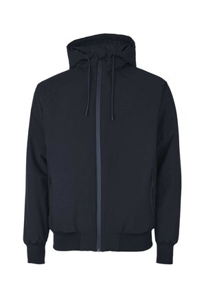 Navy blue zip-up jacket with hood, featuring elastic cuffs and waistband, side pockets, and a smooth, matte fabric texture.