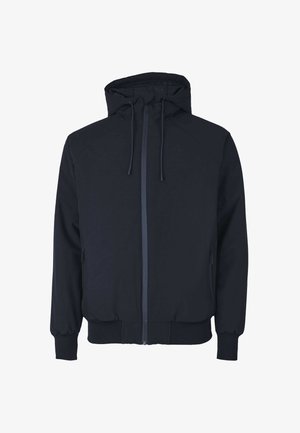 Navy blue zip-up jacket with hood, featuring elastic cuffs and waistband, side pockets, and a smooth, matte fabric texture.