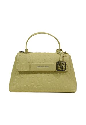 Světlounce zelená kabelka Armani Exchange s reliéfním vzorem názvu značky, horním madlem, přední klopou a připojeným kovovým přívěskem s logem.