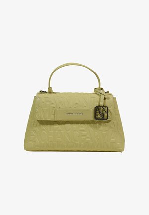 Light green Armani Exchange handbag with embossed brand name pattern, top handle, front flap, and attached metal logo charm.