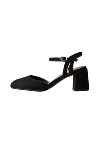 Pumps nere in suede con tacco a blocco, punta affilata e cinturino alla caviglia. Presentano una fibbia dorata e una superficie testurizzata.