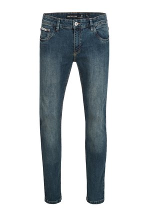 Vaqueros de denim azul desgastado con un corte recto, diseño de cinco bolsillos, cierre de botón y costuras con contraste.
