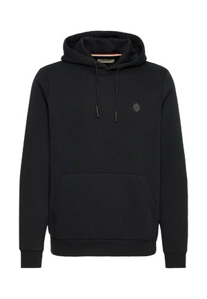 Sudadera negra hecha de tejido texturizado, con un bolsillo frontal, cordón de ajuste y un pequeño logo en el lado izquierdo del pecho.