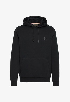 Zwarte hoodie gemaakt van textuurstof, met een voorke pocket, trekkoord en klein logo op de linkerborst.