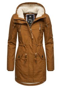 Bruine geïsoleerde parka met een capuchon, voorzien van een zachte voering, verstelbare trekkoorden, twee voorzakken en ritssluitingen.