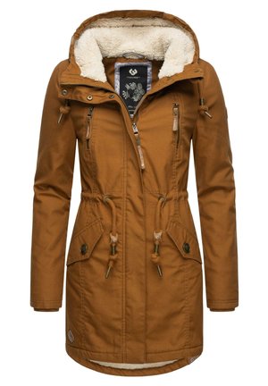 Parka isolée marron avec capuche, dotée d'une doublure en fourrure douce, de cordons de serrage réglables, de deux poches avant et de fermetures éclair.