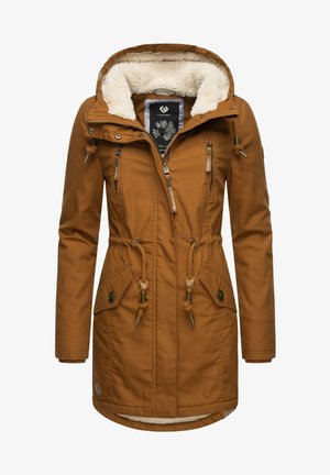 Parka isolée marron avec capuche, dotée d'une doublure en fourrure douce, de cordons de serrage réglables, de deux poches avant et de fermetures éclair.