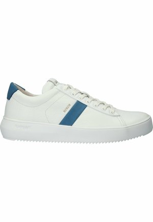 White leather sneaker with a blue accent stripe, flat white sole, textured upper, and traditional lace-up design. Features branding on the side.