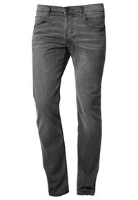 Jeans in denim grigio con vestibilità dritta, design a cinque tasche, dettagli di sfumature sottili e una leggera lucentezza, dotati di zip e chiusura con bottone.