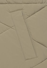 Beige Daunenjacke mit rechteckiger Tasche, Rautensteppung und kontrastierenden Nähte auf glattem Stoff.