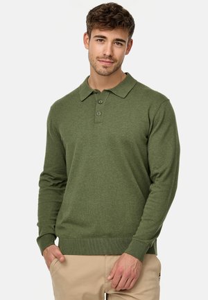 Olive green long-sleeve polo shirt made of knit fabric with a collar, three-button placket, and ribbed cuffs and hem.