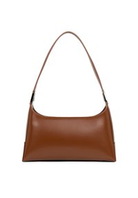 Borsa a tracolla in pelle marrone con una superficie liscia, forma semi-strutturata e una singola tracolla con accenti in hardware color argento.