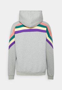 Grijze hoodie met een meerkleurig gestreept ontwerp op de schouders in roze, groen, geel en paars. Zachte stof met een voorzak.
