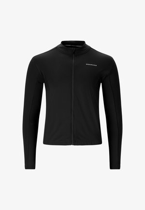 Schwarzes Langarm-Radsporttrikot mit Reißverschluss vorne, aus leichtem, strukturiertem Material gefertigt. Verfügt über einen hohen Kragen und dezente Logodetails.