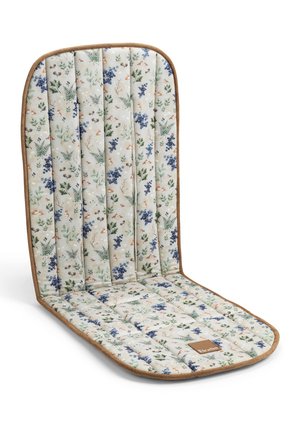 Cuscino imbottito per sedie, pieghevole, con stampa botanica in tonalità di verde, blu e marrone, bordi arrotondati e rifinitura marrone.