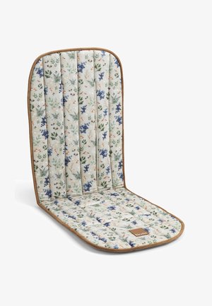 Padded, foldable chair cushion with botanical print in green, blue, and brown tones, rounded edges, and brown trim.