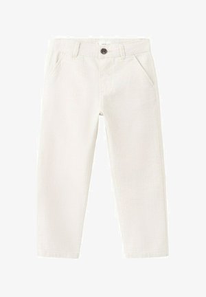 Valkoiset suoralahkeiset housut, joissa on vyölenkit, edessä nappikiinnitys ja kulmikkaat etutaskut.