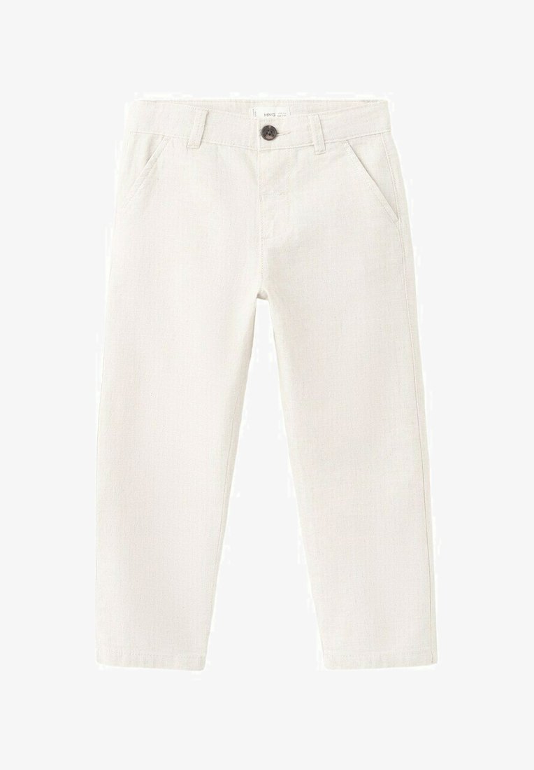 Béžové nohavice rovného strihu s pútkami na opasok, zapínaním na predné gombíky a šikmými prednými vreckami.