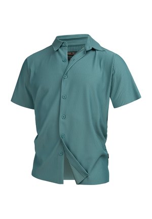 Teal short-sleeve shirt featuring a button-up front, subtle ribbed texture, fold-down collar, and straight hem. Lightweight fabric.