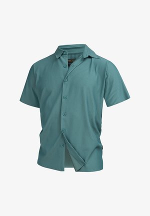 Teal shirt met korte mouwen, voorzien van een knoopsluiting aan de voorkant, subtiele ribbelstructuur, omgeslagen kraag en rechte zoom. Lichtgewicht stof.