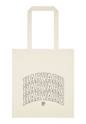 Sac fourre-tout beige avec trois textes "HARVARD" empilés en noir contour et un petit logo "PF" chevauchant sous le texte.