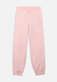 Gaiši rozā sporta bikses ar elastīgu jostu un auklu, ar divām sānu kabatām un nelielu baltu logotipu pie kreisās kabatas.