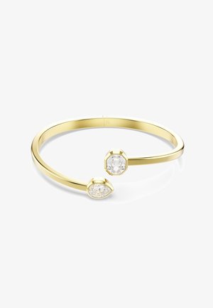 Gouden bangle armband van geel goud, met twee heldereedelstenen, één ovaal en één hexagonaal, asymmetrisch gepositioneerd aan de uiteinden.