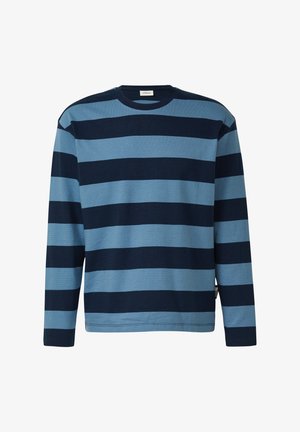 Maglietta a maniche lunghe con scollo rotondo e ampie strisce orizzontali alternate di blu navy e azzurro.