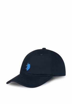 Navy blue baseball cap made of cotton, with a curved brim and front embroidered design in light blue. Six-panel construction.