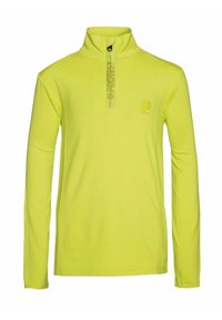 Sudadera de manga larga y cuello alto en un brillante color amarillo. Cuenta con una cremallera media en la parte frontal y un sutil logo en el pecho. Tejido suave y ligero.