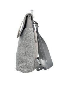 Sac à épaule gris avec un matériau extérieur texturé et duveteux, des accents lisses et une bandoulière réglable. Compartiment zippé visible.