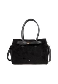 Borsa a tracolla nera in suede con doppie maniglie, tracolla staccabile e dettaglio a fibbia anteriore, su sfondo bianco.