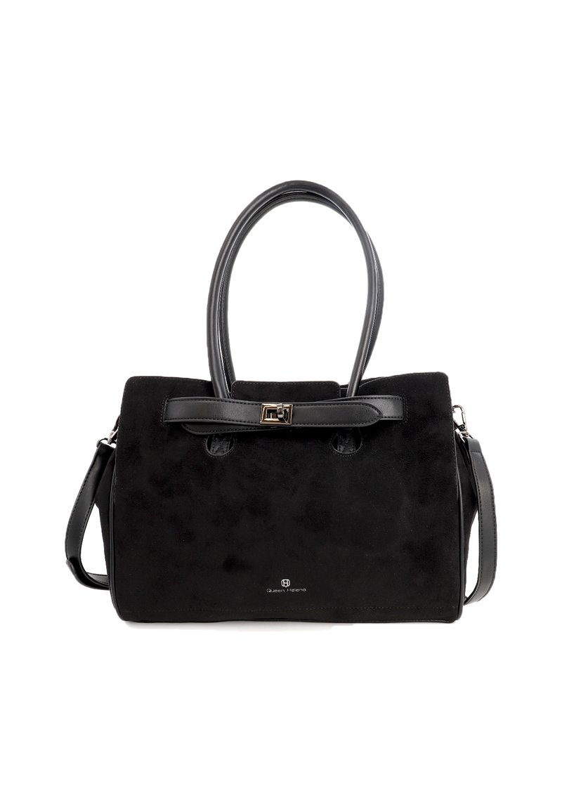 Borsa a tracolla nera in suede con doppie maniglie, tracolla staccabile e dettaglio a fibbia anteriore, su sfondo bianco.