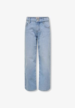 Hele sinised sirge säärega teksapüksid, millel on viis taskut, vööaasad, nööp ja tõmblukuga sulgemine.