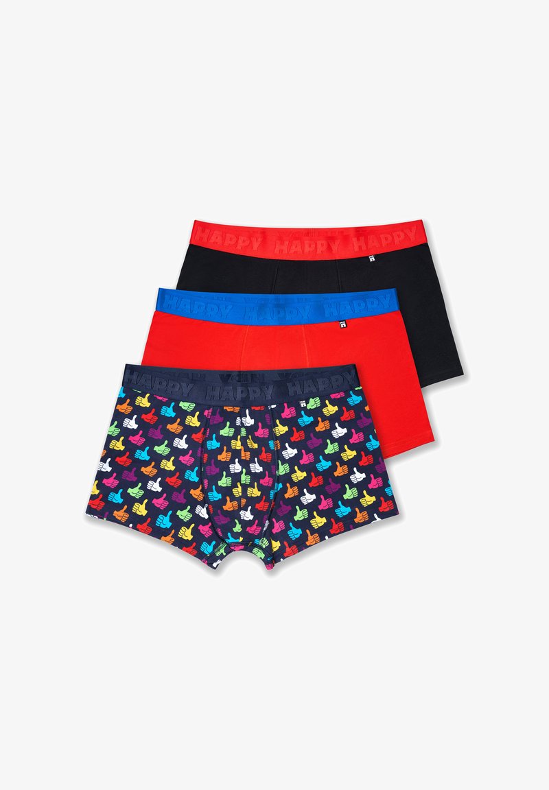 Three pairs of boxer shorts: one red, one black, one with colorful hand signs on a dark background, featuring textured elastic waistbands labeled "HAPPY."
