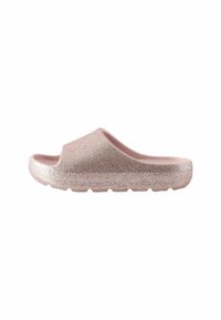 Glitterige roze schuif sandaal met een gladde bovenkant, open teen ontwerp en een getextureerde zool. Lichtgewicht constructie met afgeronde randen.